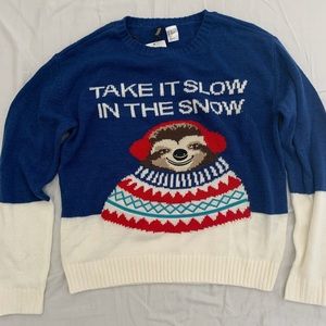 Christmas sweater with funny phrase (“Take it Slow, Let it Snow”)